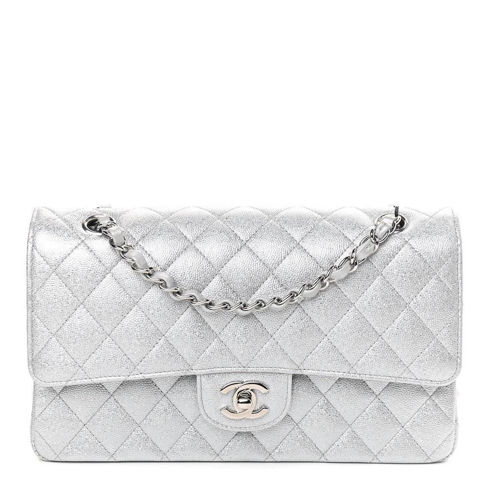 ββ CHANEL 21K Glittered Silver Metallic Caviar Quilted Medium Double Flap CC bag - Picture 10 of 14